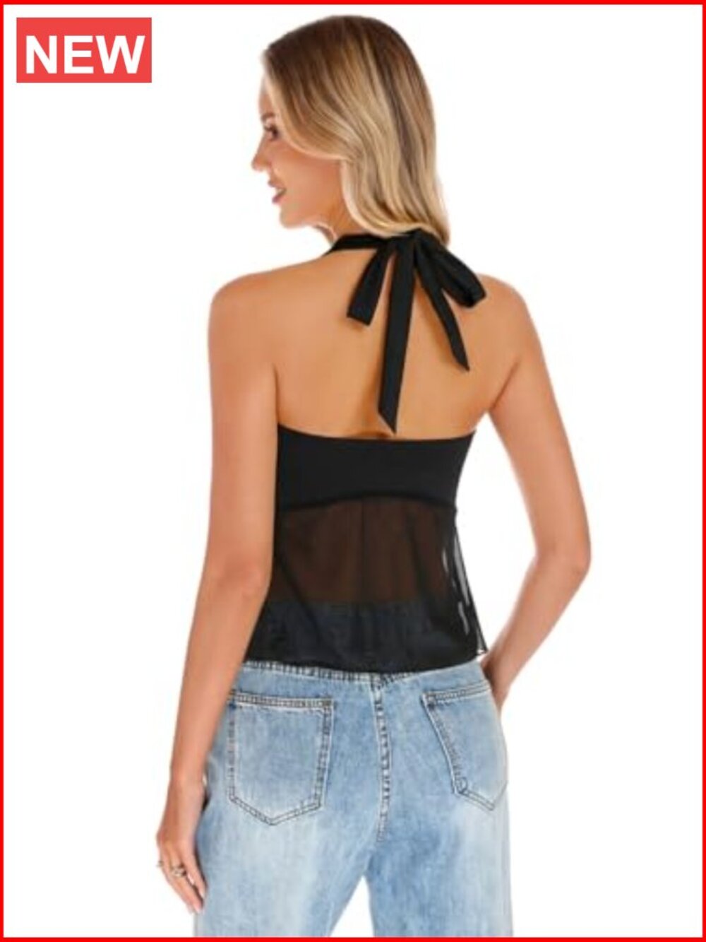 Sheer Mesh Halter Tank Top Flowy Asymmetric Hem Sleeveless Camisole - Picture 2 of 7
